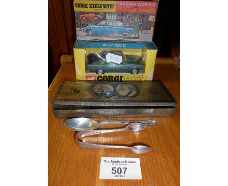 Boxed Corgi Rover 2000 TC, with Rowntree's chocolate tin, silver spoon and sugar tongs