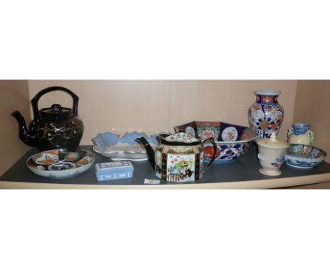 Assorted china including Imari hexagonal bowl, early Poole pottery jam pot with cover (A/F), and others