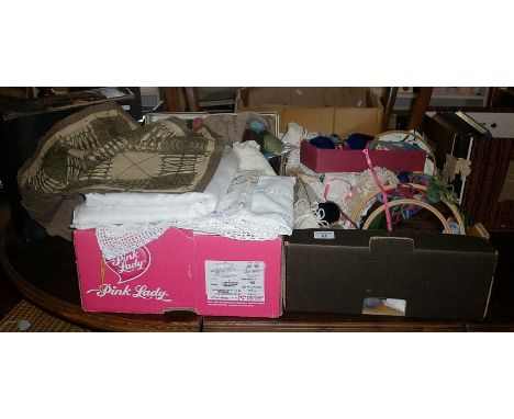 Two boxes of assorted wool, lace, textiles etc.