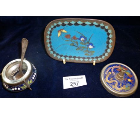 Small Japanese Cloisonné tray, an enamel and glass salt, and a Cloisonné visiting card stand