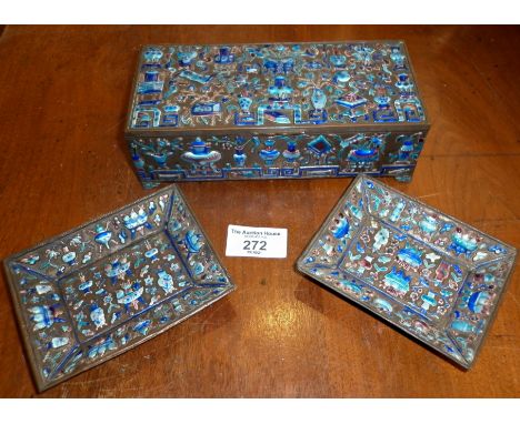 Chinese enamel box and two similar square dishes