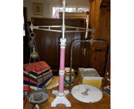 Victorian pillar shop scales with ceramic and iron centre column, brass pan weights and transfer printed slab