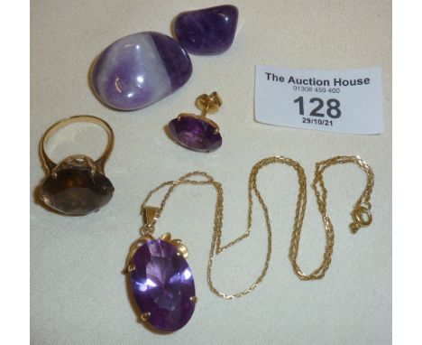 14ct gold mounted amethyst pendant necklace, a similar earring, 14ct topaz ring, polished amethysts etc