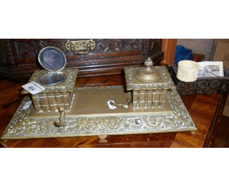 Victorian brass inkstand with pen holder (needs repair), miniature Spanish chest and carved napkin ring