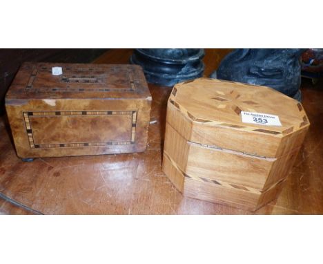 Inlaid tea caddy and a Tunbridgeware collection box