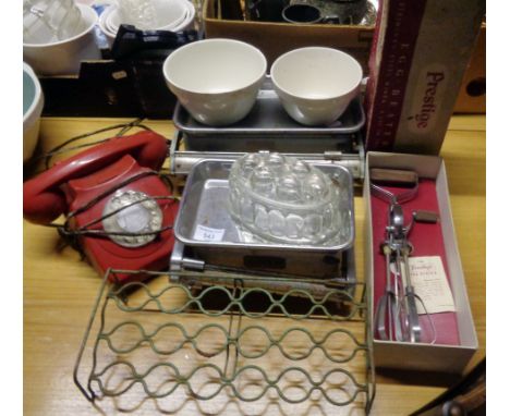 Kitchenalia, inc. scales, Prestige egg beater, egg rack and a red plastic telephone