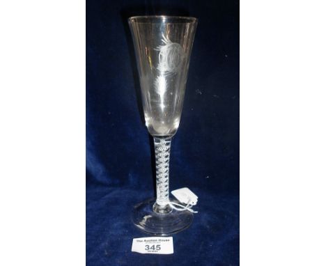 18th c. glass ale flute, the funnel bowl having faded enamel decoration of hops on double series stem and conical foot, 8" hi