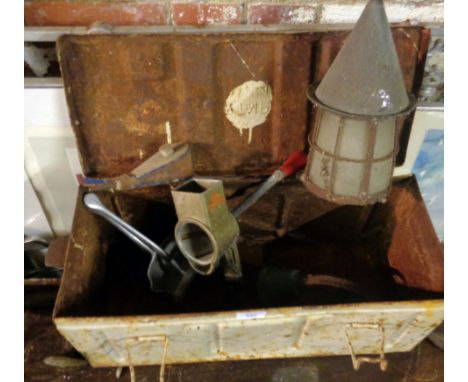 WW2 Desert Army metal ammunition box, a mincer, servant's bell, lantern, etc.