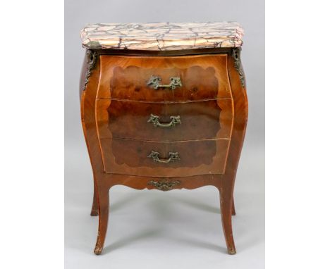 A reproduction Louis XV style kingwood walnut and boxwood strung petit commode, of bombe form, with a veined marble top, gilt
