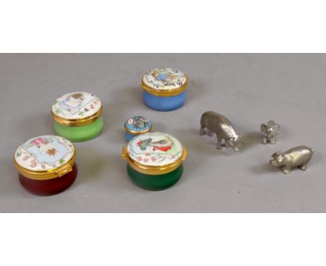 A Halcyon Days enamel box 2001, four Crummles enamel boxes for Royal Doulton with Beatrix Potter figures, two miniature figur