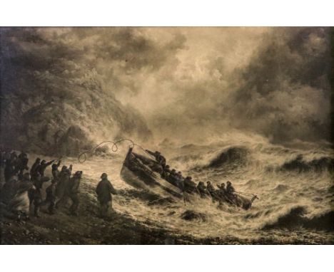 The Return of The Lifeboat, black and white print, in ropetwist edge shaped oak frame, sight size 29 x 43.5cm, a print after 