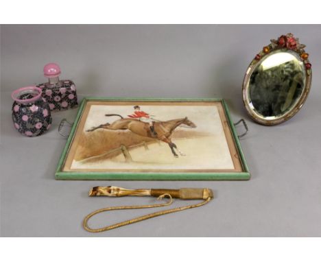 A 1930's two handled tray inset with a hunting print after Cecil Aldin, 48cm wide, a barbola work easel mirror, a leather mus