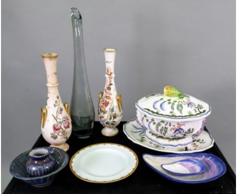 A modern faience shaped oval soup tureen, cover and stand, the stand 38cm wide, a pair of Royal Bohn two-handled vases, 36cm 