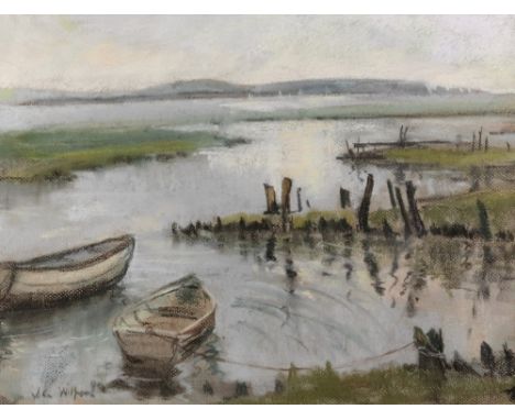 English School, 20th Century, Boats in a coastal landscape, indistinctly signed, pastel, 33 x 43cm, together with ten prints 