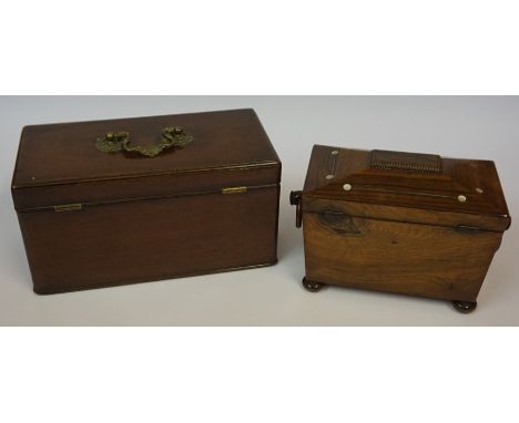 A Regency Rosewood Tea Caddy, circa early 19th century, Enclosing covers, wooden ring handles, approximately 15cm high, 20cm 