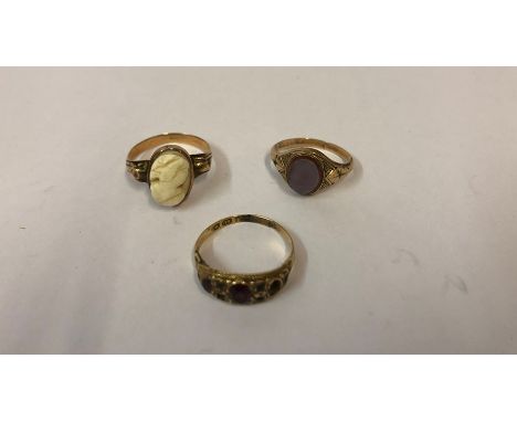 Two Ladies 9ct Gold Rings, One set with a cameo and the other with an agate, also with a 15ct gold ruby and gem set ring, sto