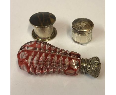 A Silver Pill Box, Having a faux tortoiseshell lid, marks rubbed, 3cm high, also with a small powder jar with silver lid, and