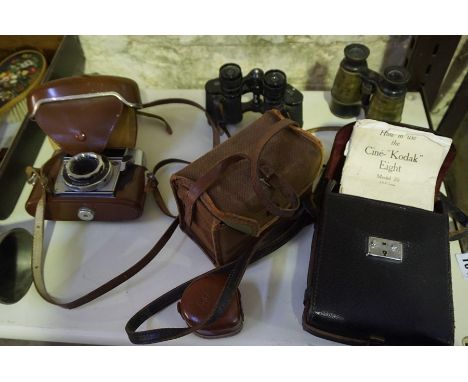 A Mixed Lot of Vintage Cameras and Field Glasses, To include a Kodak cine camera, model 20, in original case, Optima Compur c