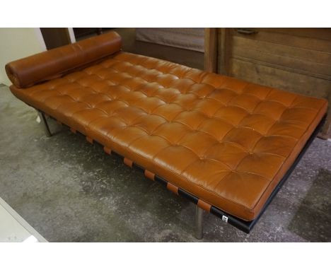 A Retro Style Day Bed, Having a tan coloured button back seat, with a matching rolled cushion, 196cm long, 97cm wide Conditio