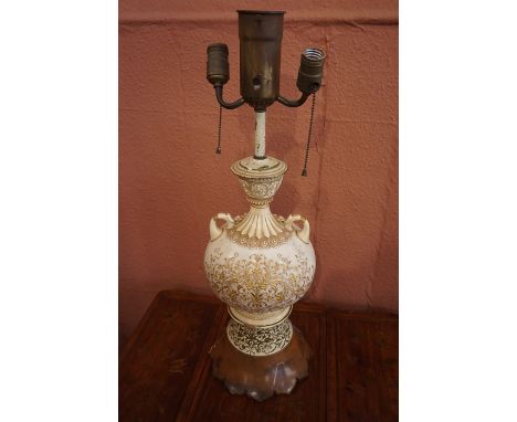 A Porcelain Vase / Lamp by Royal Worcester, circa late 19th century, converted, decorated with gilded floral panels on a blus