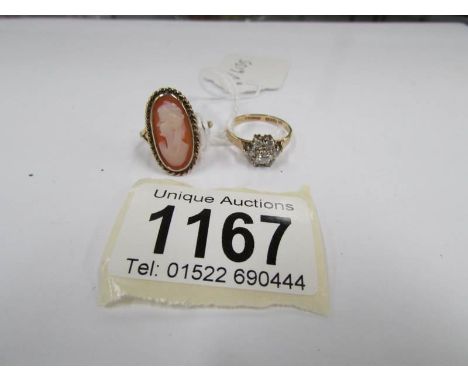 A 9ct gold ring set cameo size K and a 9ct gold cluster ring size K