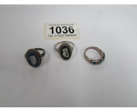 2 Wedgwood silver rings and a Jadeite silver ring