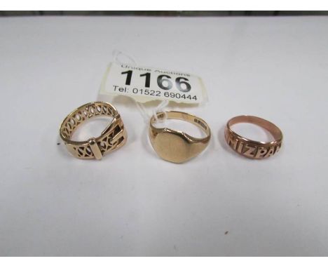 A 9ct gold MIZPAH ring size L, a 9ct gold signet ring size Q and a 9ct gold buckle ring size L,10 gms