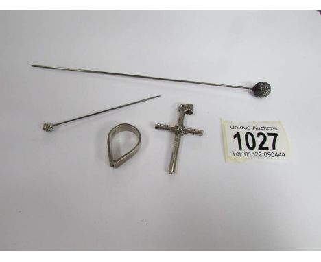 2 white metal hat pins, a silver cross and silver ring