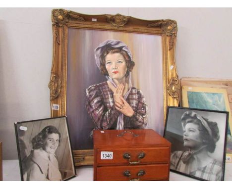 An oil on canvas portrait of a lady with 2 associated photographs