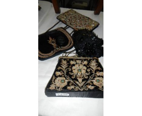 A collection of 3 vintage hand bags, evening shawl and mourning brooch