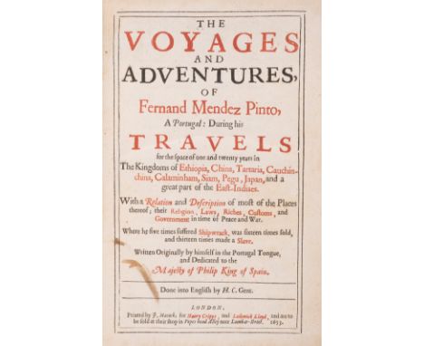 Voyages.- Pinto (Fernão Mendes) The Voyages and Adventures, first English edition, title printed in red and black, wood-engra