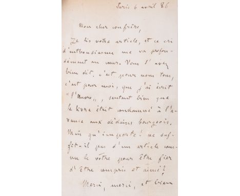 Zola (Émile) L'Oeuvre, first edition, signed presentation inscription from the author "à Henry Bauer, mon divoué confrére Emi