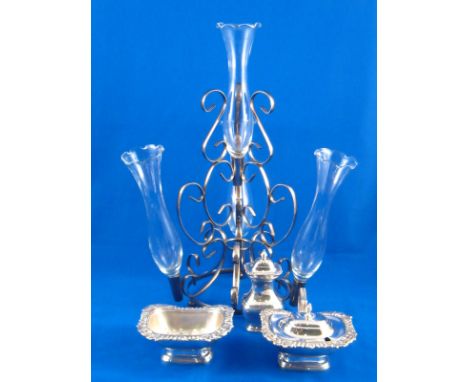 A four vase silver plated epergne, ht. 28cm. and a silver plated cruet. 