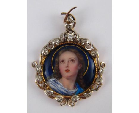 A yellow metal (tests 18 carat gold) and diamond pendant containing a ceramic portrait miniature, approx 4cm wide, 16.9 gms.
