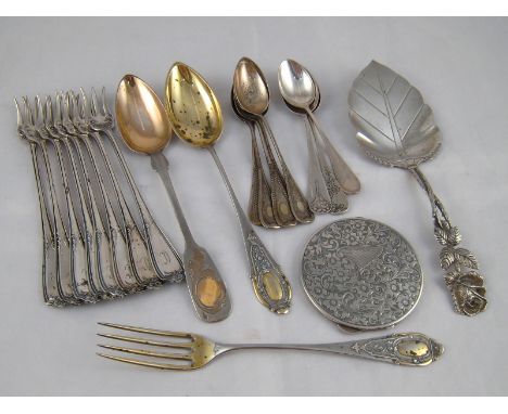 Continental, 800 grade, silver, comprising  a powder compact, seven teaspoons, two dessert spoons and a fork, wt.170gm., toge