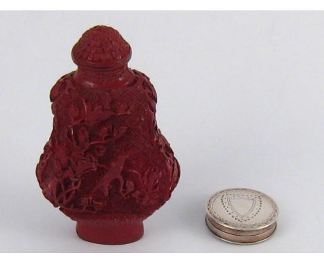 A Georgian silver patch box , Samuel Pemberton, Birmingham, 1791, together with a chinese red lacquer snuff bottle. 