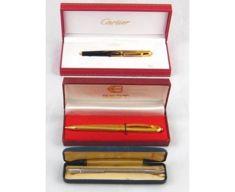 A Cartier gold plated fountain pen together with a "Best" ballpoint and a silver Yard-o-led pencil, all in presentation cases