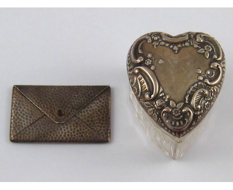 A heart shaped cut glass box with silver cover. Levi & Salaman, Birmingham, 1897, together with a plated two section stamp en