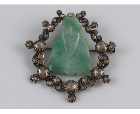 A white metal (tests silver) jade and rose cut diamond brooch, approx 5 x 5.5cm, 24.7 gms.