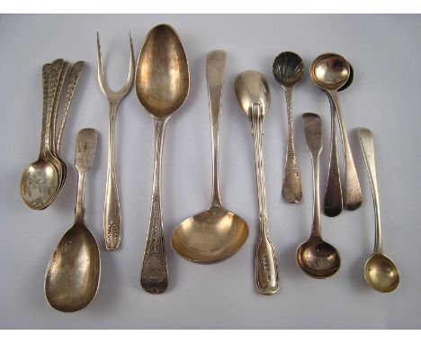 A quantity of Georgian and Victorian silver flatware, comprising a pair of saltspoons and three others, a fiddle pattern cadd