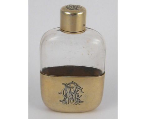 A late Victorian small pocket scent flask with silver gilt mount and cup.  Asprey and Co. London 1897. 