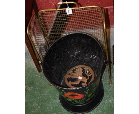 Canal Art - a painted floral coal bucket, swing handle; a wire fire screen and trivet (3)
