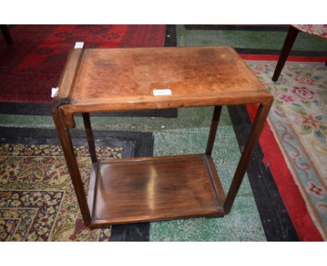 A Chinese burr and hardwood rectangular scroll-end jardiniere stand, panelled undertier, sledge feet, 52.5cm high, 48cm wide,