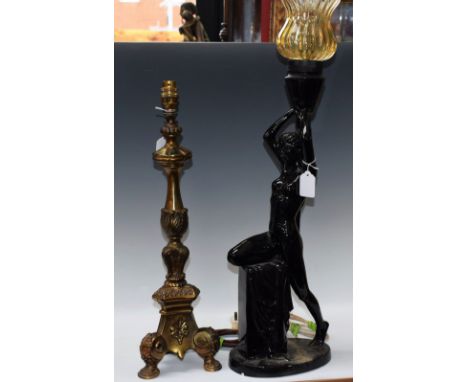 Lighting - an Art Deco pottery lamp, as a nude; a brass table lamp (2) 