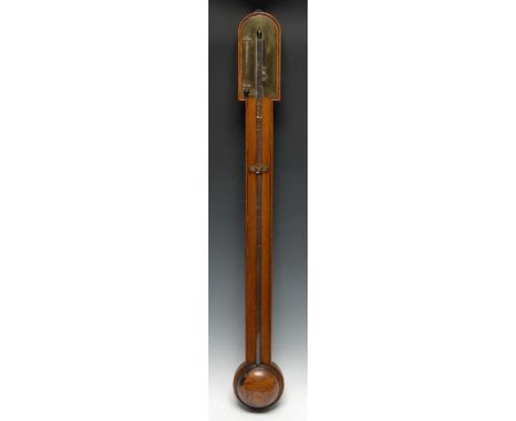 A George III oak stick barometer, 8cm arched brass register inscribed F Weston, Fecit, turned cistern cover, 93cm high, c.181