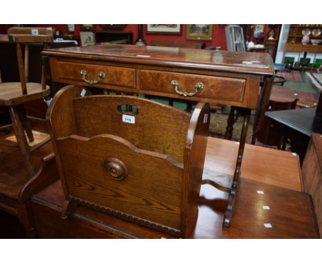 A reproduction walnut and mahogany miniature sofa table; an oak magazine rack (2)