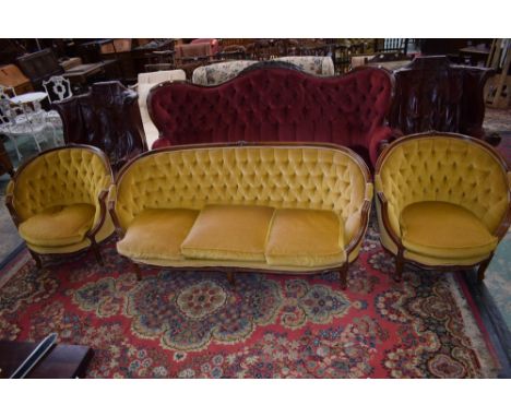 A 20th century French style three piece drawing room suite, comprising sofa and a pair of armchairs (3)