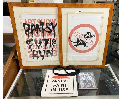TWO FRAMED BANKSY POSTERS - TOTE BAG &amp; BOOK FROM THE CUT &amp; RUN EXHIBITION IN GOMA WITH ENTRY TICKET PROVENANCE