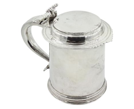 Queen Anne silver tankard, of plain tapering cylindrical form, with stepped and flat-domed cover, twit cast thumbpiece and cu