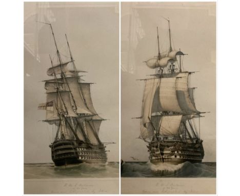 By and after John Ward of Hull (British 1798-1849): 'H M S Britannia of 120 Guns', pair lithographs with hand-colouring signe